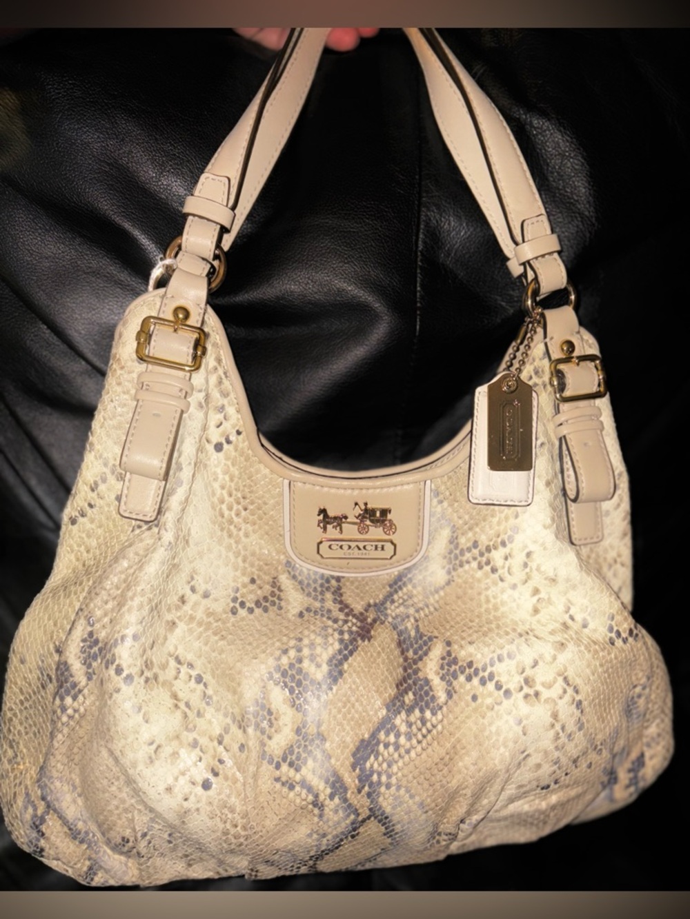 Coach Cream Snake-Print Leather Shoulder Bag with Gold Hardware